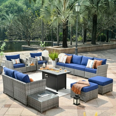 TFPBRS9013B XIZZI 13-piece Outdoor Patio Wicker Furniture Set with Fire Table Navy Blue