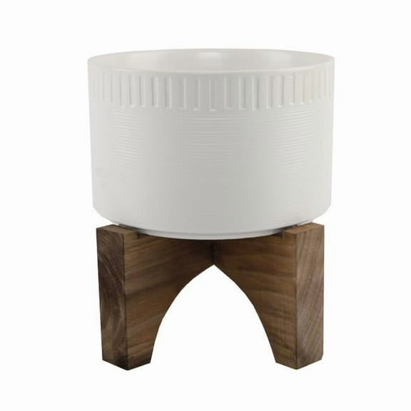 Flora Bunda CT615E-MTWH 7'  Dumpling Ceramic Planter on Wood Stand,Matte White