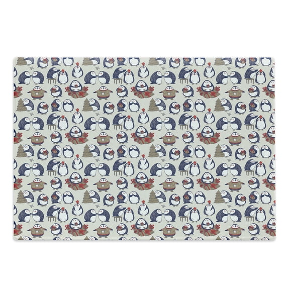 Christmas Cutting Board, Sketchy Hand Drawn Grunge Penguins with Boxes Stars Celebration Theme, Decorative Tempered Glass Cutting and Serving Board, Large Size, Navy Blue White Umber, by Ambesonne