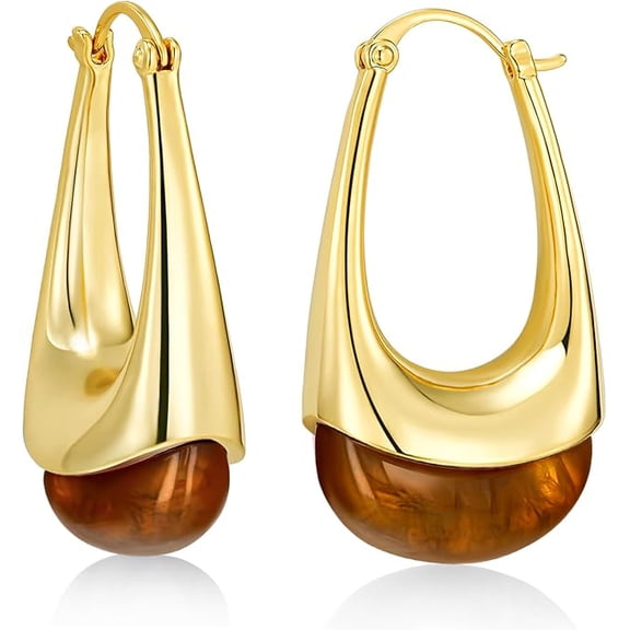 SNGIA 18K Gold Plated Oval Dangle Hoop Earrings with Brown Resin Accent for Women