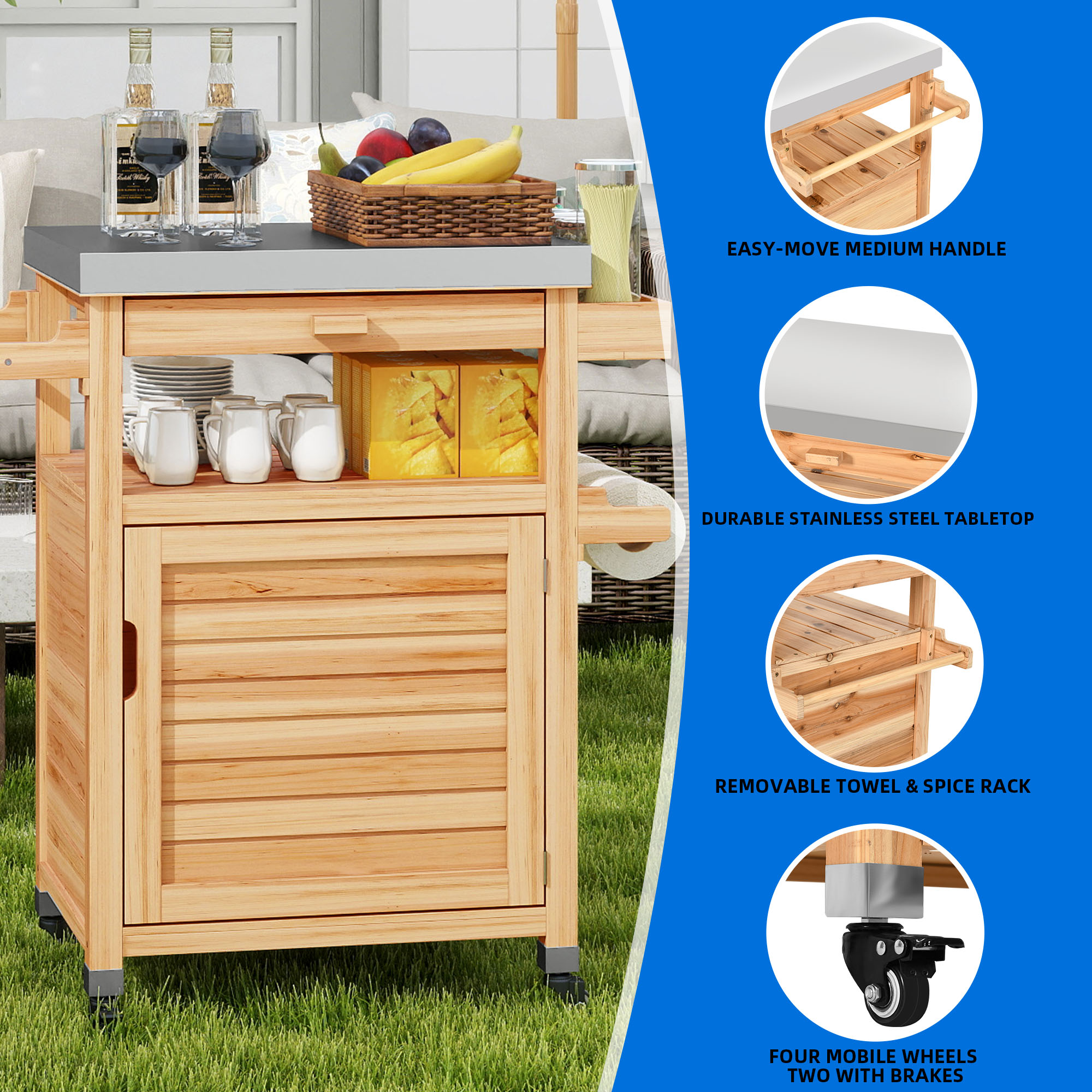 Uforic Wood Kitchen Storage Cart with Stainless Steel Top, Grill Cart for Outdoor & Indoor, Natural