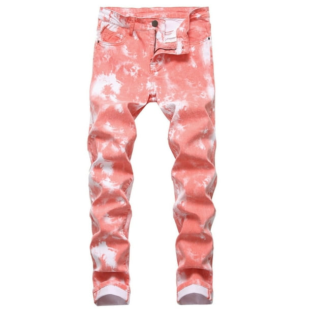 Mens Pink Denim Pants Loose Straight Leg Jeans Trousers Casual Hip Hop