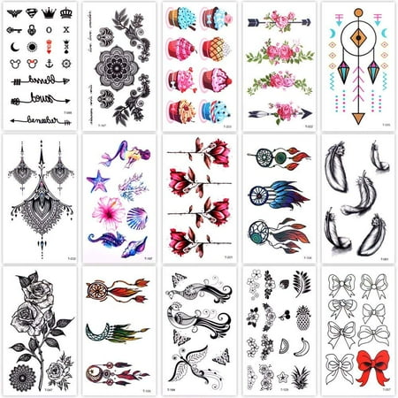 Lady Up 15 Sheets Temp Body Art Temporary Tattoos Fake Tattoo for Women Men Kids Dreamcatcher Boho Cupcake Flower Pattern (Best Flower Tattoo Designs)