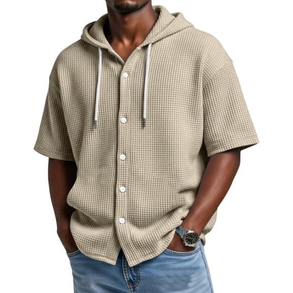 Hearthz Waffle Hoodies for Men Drawstring Short Sleeve Casual Button Down Shirts for Men Lightweight Gym Basketball Basketball Jersey Khaki XL