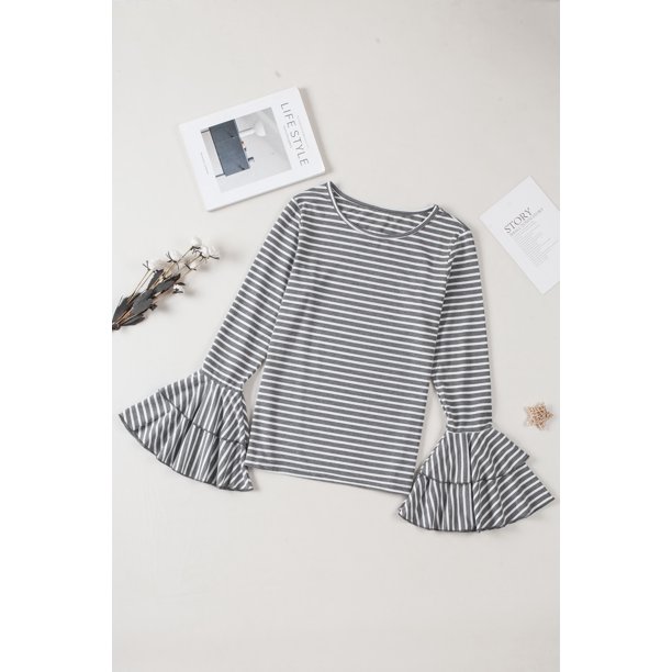 ABPHQTO Top gris de rayas con mangas acampanadas dobles para mujer