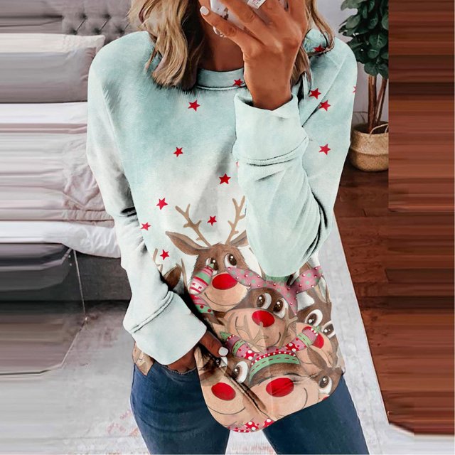 Pntutb - Camiseta estampada para mujer, blusa de manga larga, cuello redondo, tops casuales, sudadera Pntutb Pntutb-1960