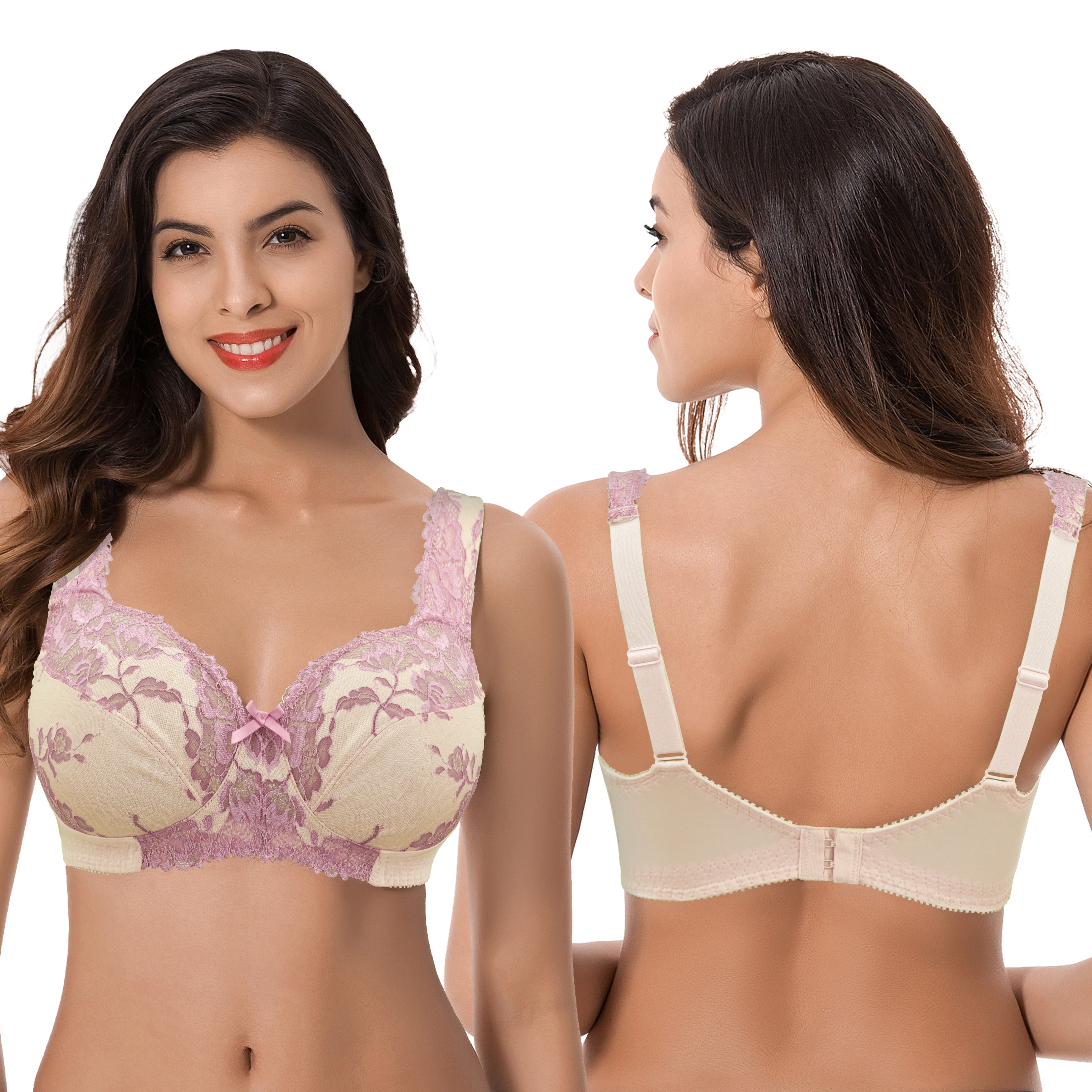 Curve Muse Women's Plus Size Minimizer Unlined Wireless Lace Full Coverage Bras-2Pack-DEEP LICHEN GREEN,NUDE-34B