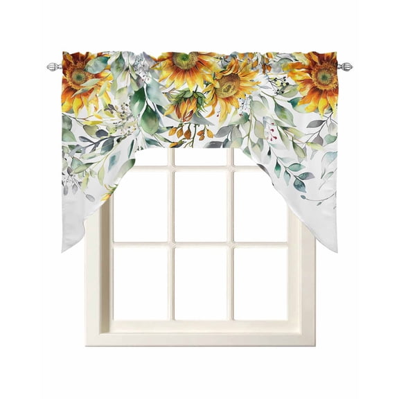 Pastoral Floral Plant Swag Valance and Tier Curtains Set Sage Sunflower Eucalyptus Leaves White Kitchen Curtains 3 Piece Set Rod Pocket Panels for Bedroom Cafe 56x36 inch