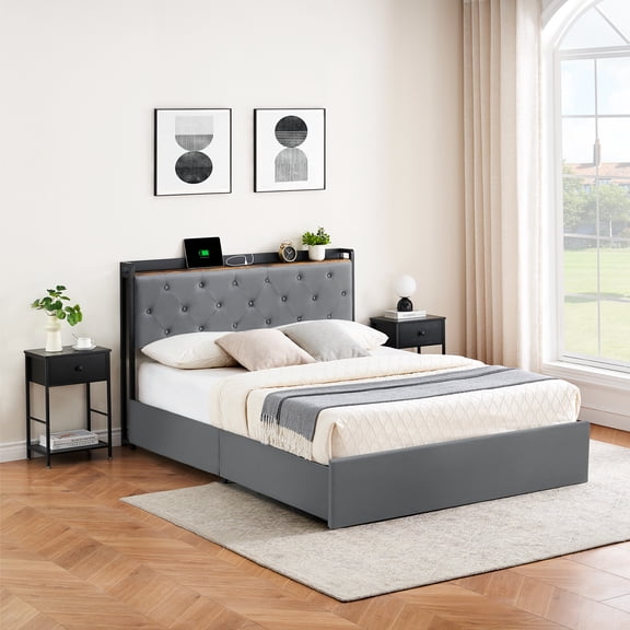 Queen Velvet Bed Frame with 4 Storage Drawers – Upholstered Platform, Charging Station Headboard, 1,000 lbs Slats – No Box Spring – Grey