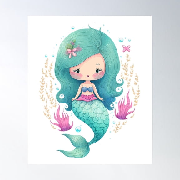 Kawaii Mermaid Girl Poster Wall Art, Modern Wall Decor For Living Room Bedroom, 8x12 UNFRAMED