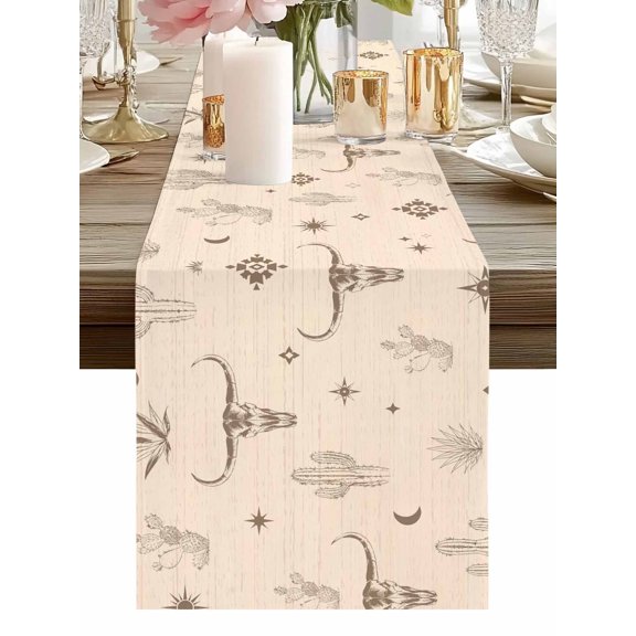 Table Runner Western Longhorn Skull Table Runners Boho Sunburst Stars Desert Cactus Cotton Linen Dresser Scarf Kitchen Dining Table Decor for Holiday Party Home Decor 13x36 Inch