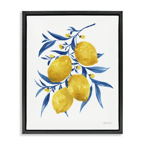 Stupell Industries Blue Leaf Lemons Food & Beverage Painting Black Floater Framed Canvas Art Print Wall Art, 17 x 21