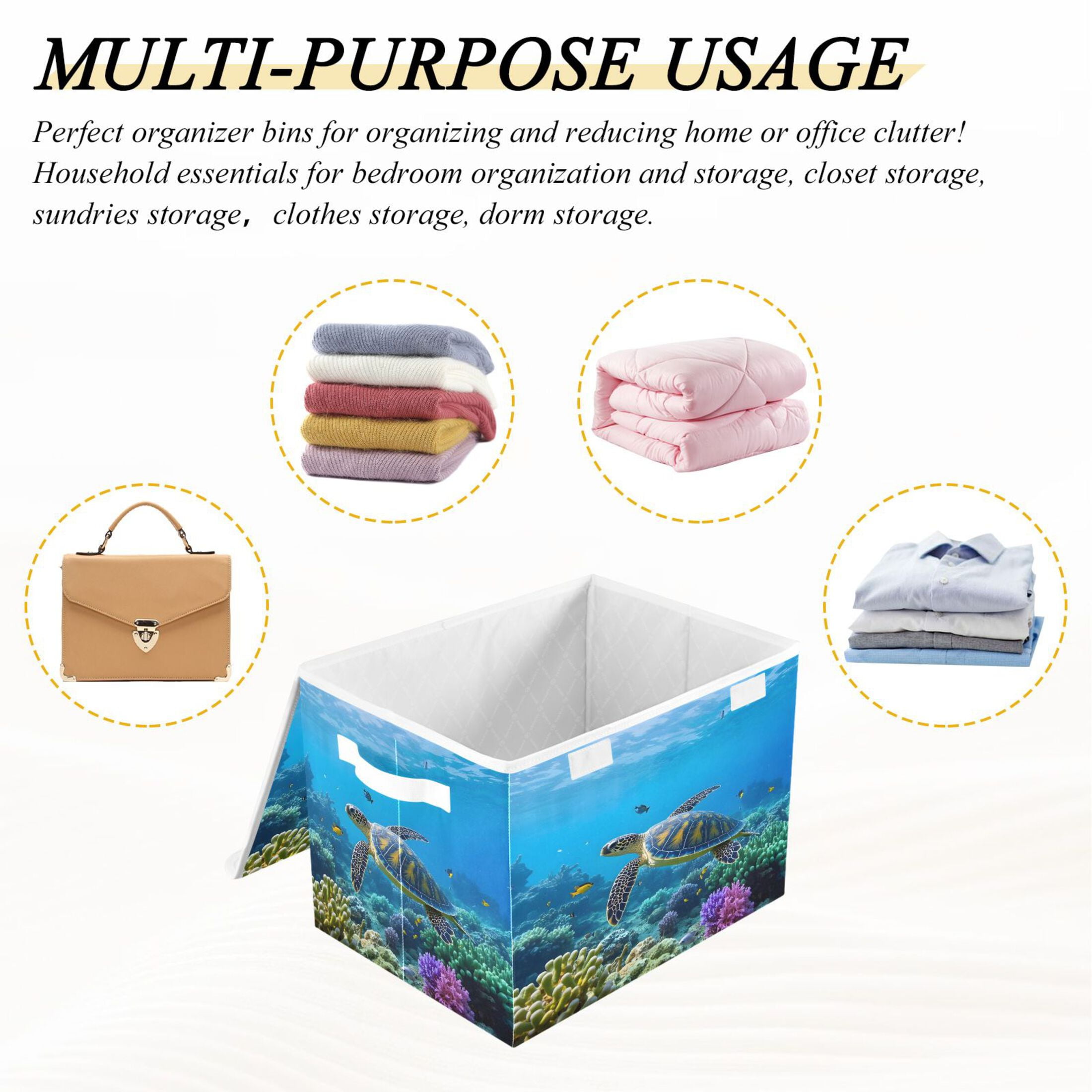 Ryvnso Turtle in Sea Large Lidded Foldable Storage Baskets Cubes Boxes Lids Bin for Home
