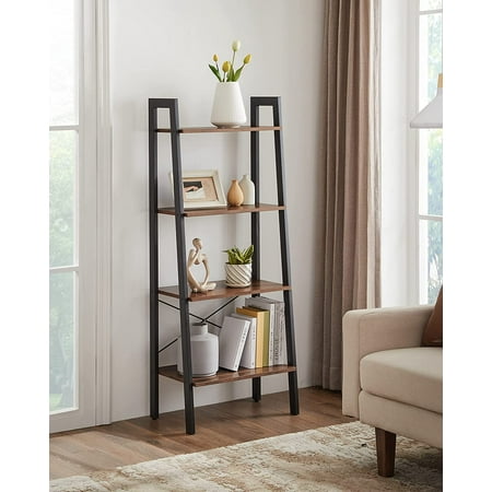 VASAGLE 4-Tier Ladder Shelf Ladder Bookshelf Bookcase Storage Rack with Steel Frame Hazelnut Brown and Black