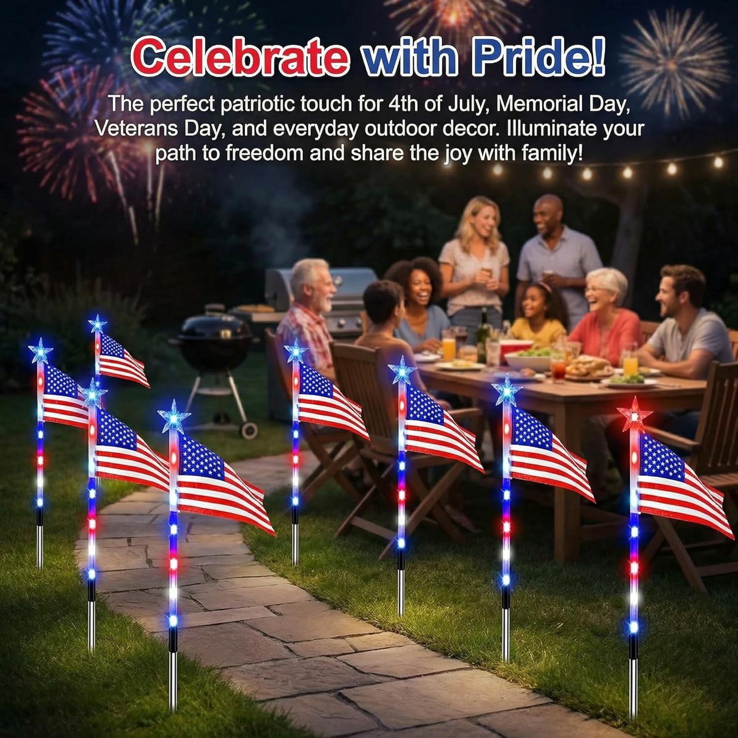 8 Piece Solar American Flag Pathway Lights, American Flag Pathway Solar Lights, IP66 Outdoor