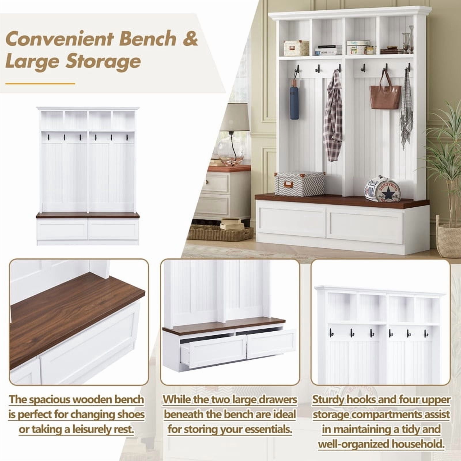 Farmhouse 4-in-1 Hall Tree with Storage Bench, Versatile Coat Rack with 2 Drawers, Entryway Organizer with 6 Hooks for Hallway, Living Room