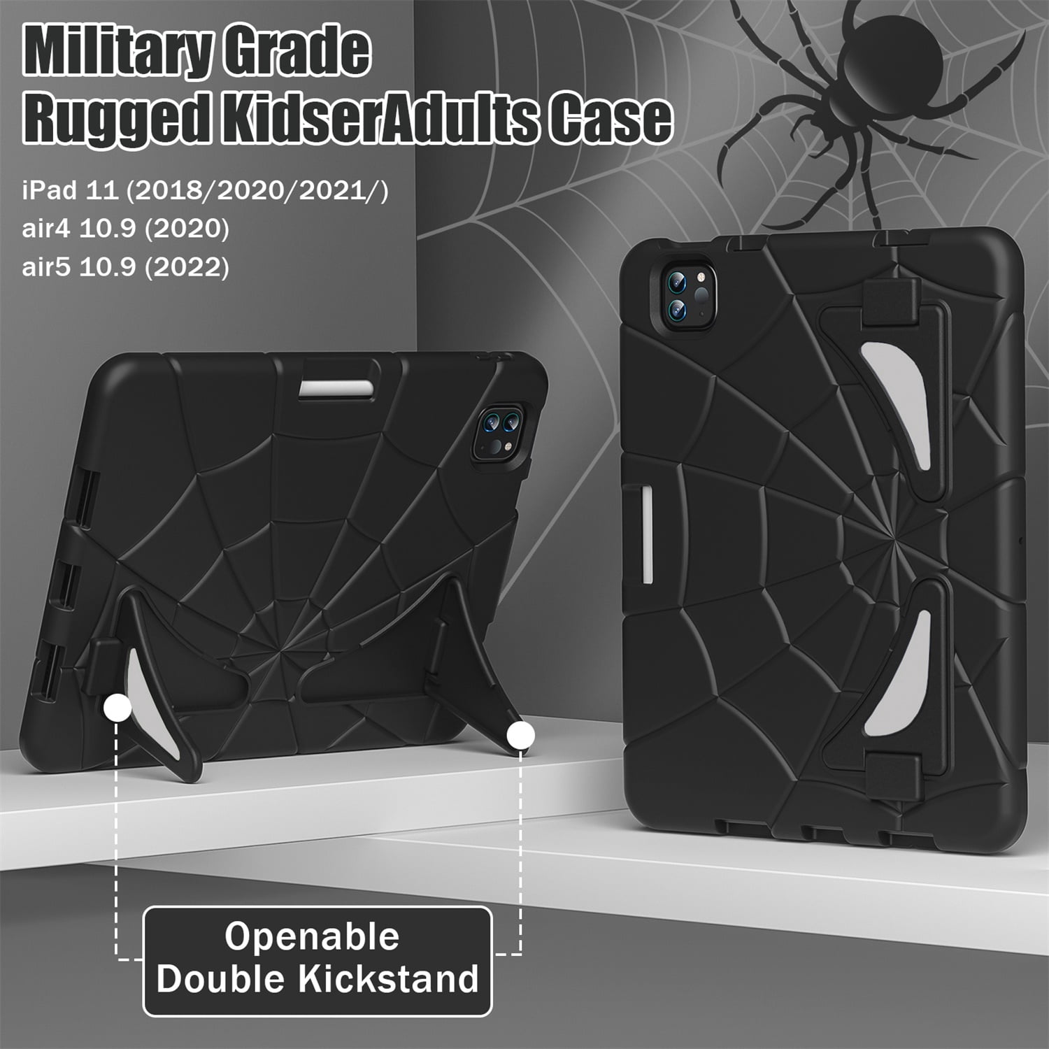 Kids Case for iPad 9th/8th/7th Generation with Pencil Holder, Lightweight Shockproof Stand Anti-Slip Rugged Silicone PC Case Cover for iPad 10.2" 2021/2020/2019 for Boys Girls, Black