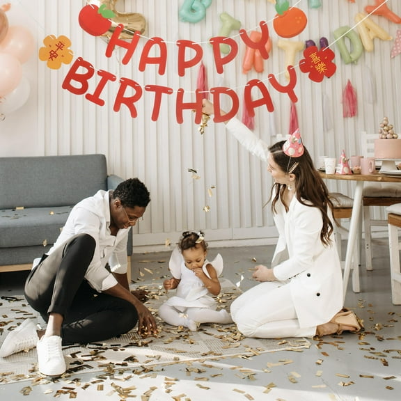 LULULION 1 Set Happy Birthday Banner with Red Paper Fans for Birthday Decorations and Friends Gatherings