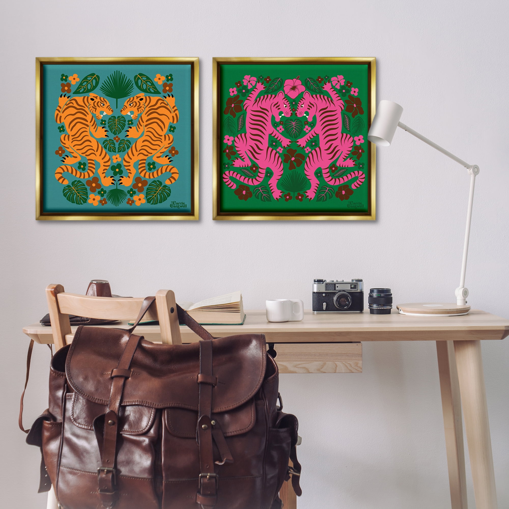 Stupell Industries Eclectic Twin Tigers Animals Painting Gold Floater Framed Canvas Art Print Wall Art, 25 x 25, Set of 2