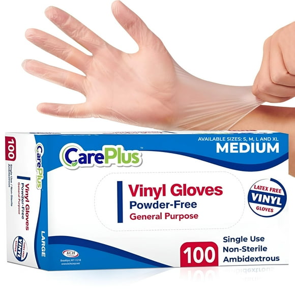 Guantes de vinilo CARE PLUS talla mediana, 100 unidades, sin polvo