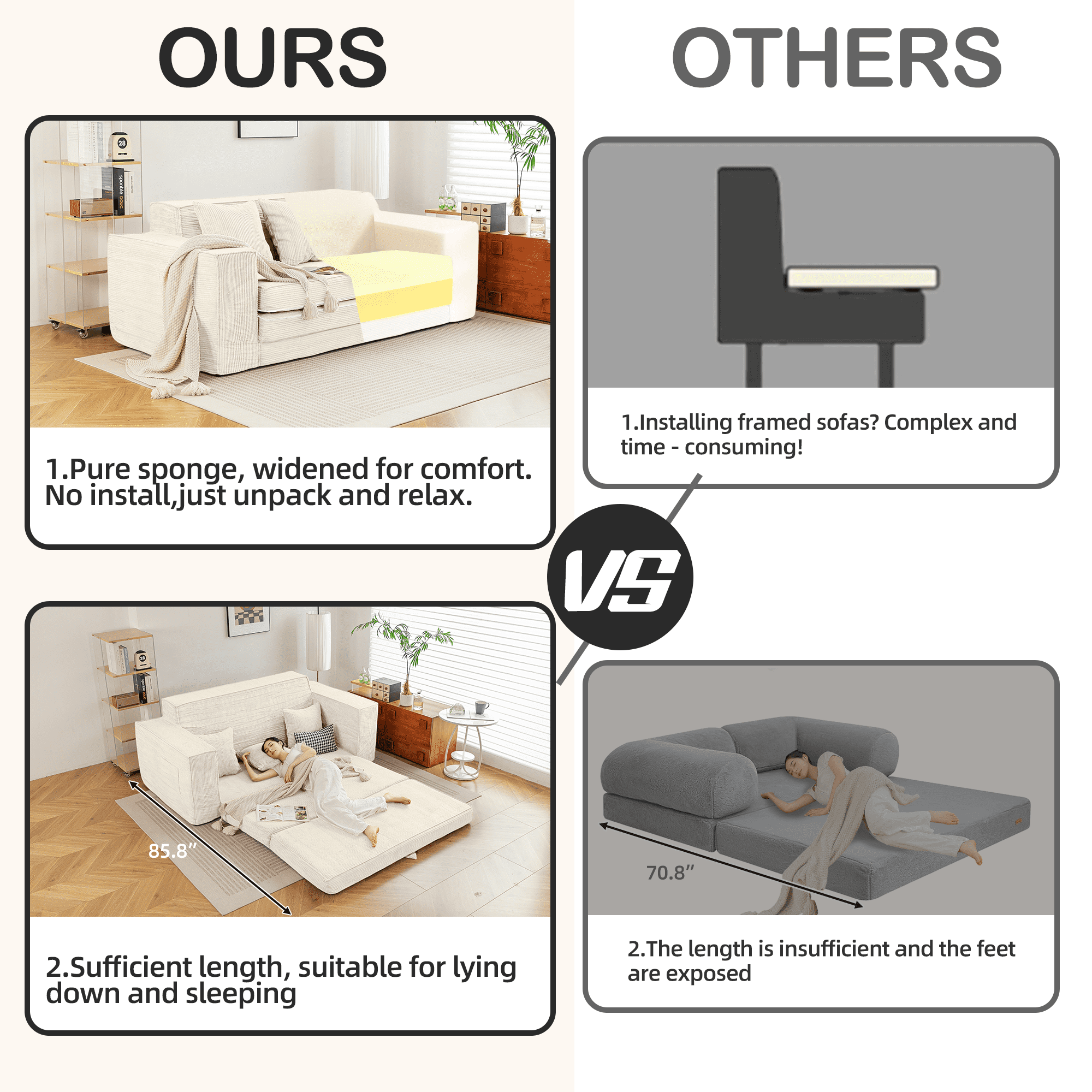 Vicluke Convertible Memory Foam 3-seat Sofa & Loveseat, Pull Out Sleeper Sofa Bed, 2 in 1 Folding Couch Bed, Fold Out Floor Couch Corduroy Fabric with Pillows for Living Room Bedroom Lounge(Beige)