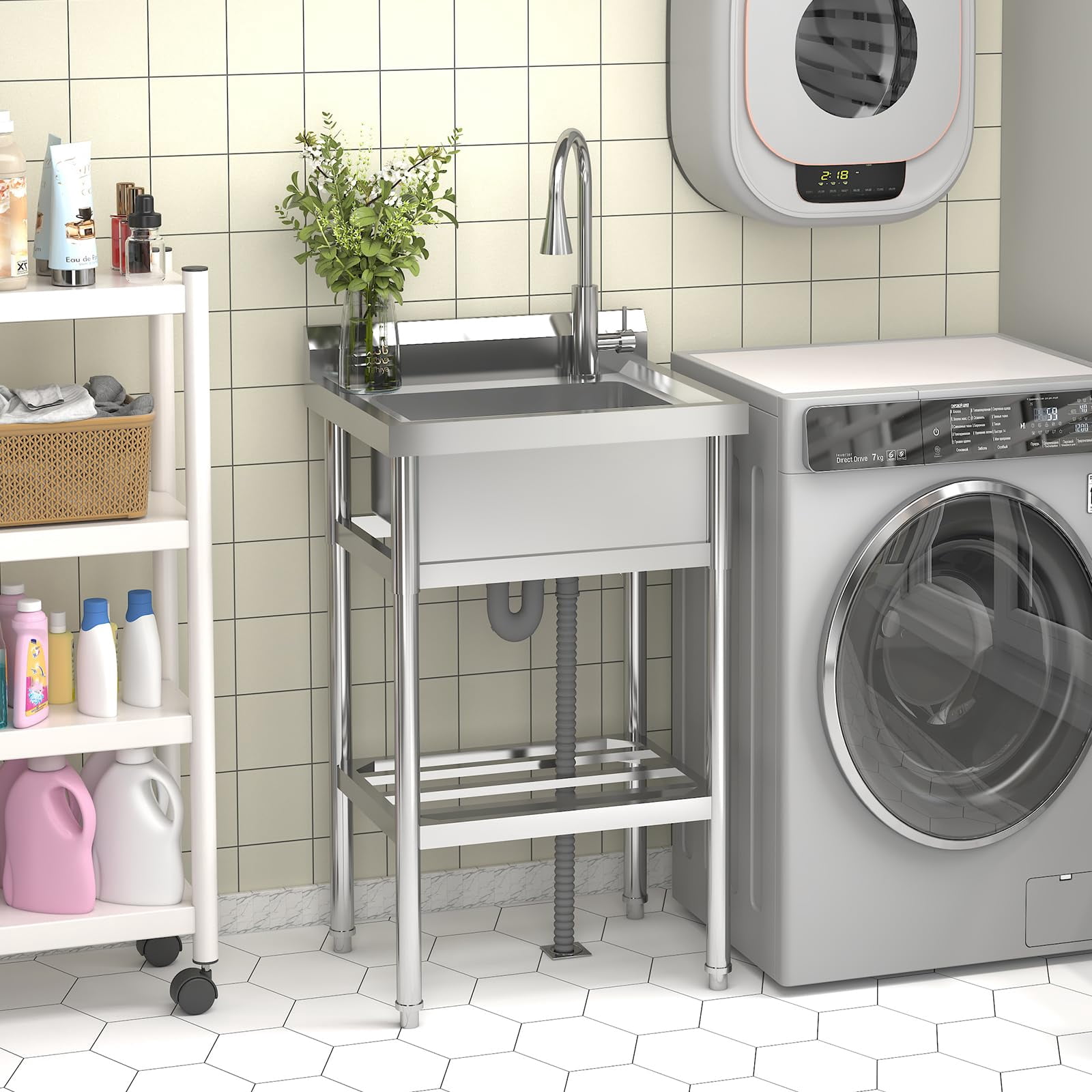 Stainless Steel Utility Sink, Free Standing Single Bowl Kitchen Sink with Cold and Hot Water Pipe and Faucet, Washing Hand Basin for Laundry Room Kitchen Restaurant Garage Garden Backyard