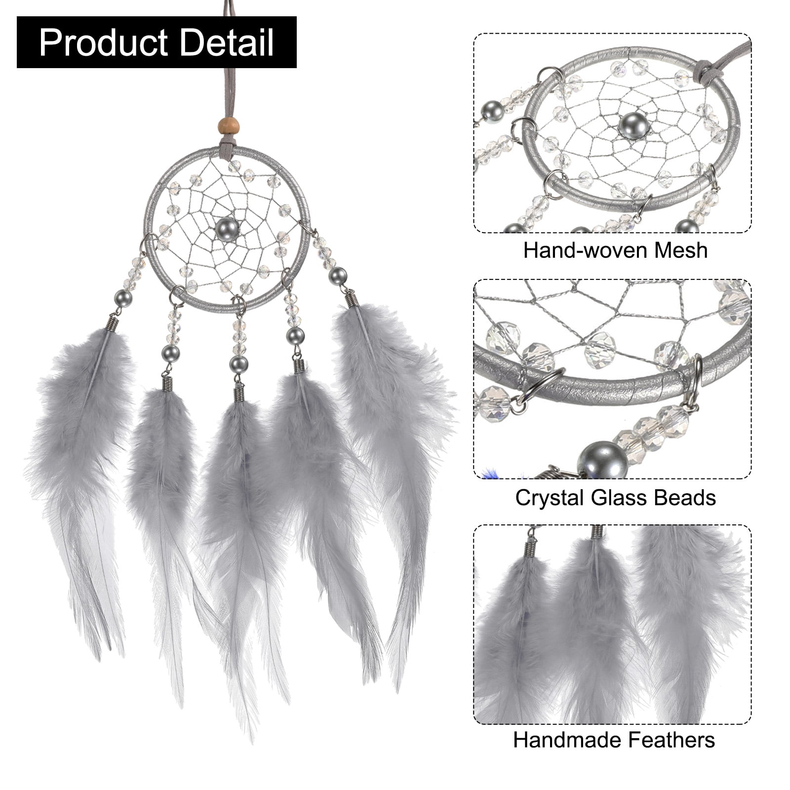 Unique Bargains Dream Catchers Handmade Feather Dreamcatcher with Crystal Beads Gray