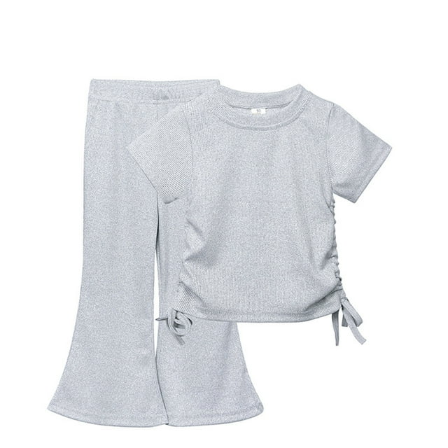 Shirts for girls Solid Short Sleeved Round Neck Top Flare Pants Two Piece Set