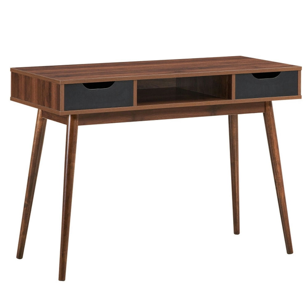 Demi Bonn Stylish Computer Desk Workstation with 2 Drawers and Solid Wood Legs, Small Home Office Desk Study Writing Table, Brown