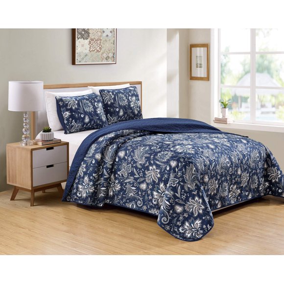 Kids Zone Home Ensemble de Couvre-Lit en Lin Motif Floral Bleu Taupe Blanc Gris Neuf (Full/Grand)