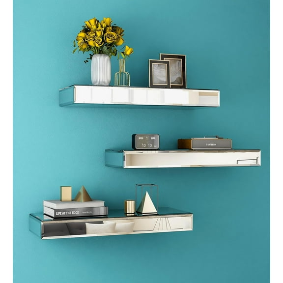 SHYFOY Mirrored Floating Shelves for Wall Set of 3 Glass Wall Shelves for Bathroom Decor, Wall Mounted Shelves for Living Room Kitchen
