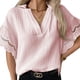 thumbnail image 1 of Camisa casual para mujer, cuello en V, color sólido, manga corta, costura de encaje, elegante top de verano para uso diario, 1 of 5