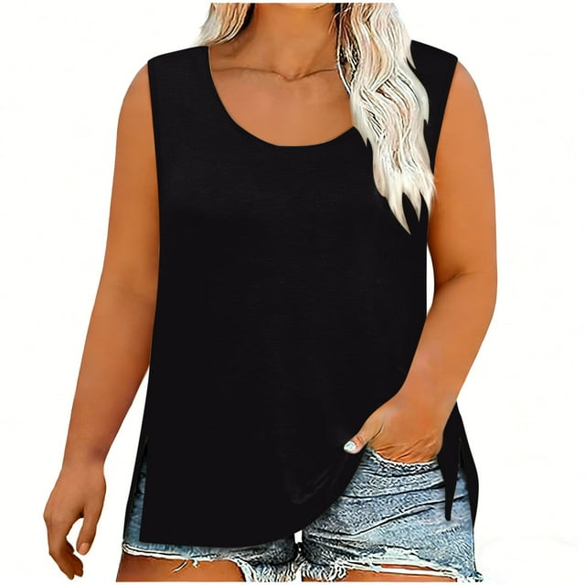 BLVB Débardeur Grande Taille pour Femmes Été Sans Manches Col Rond Décontracté Basique Tunique Fendue sur le Côté Blouses