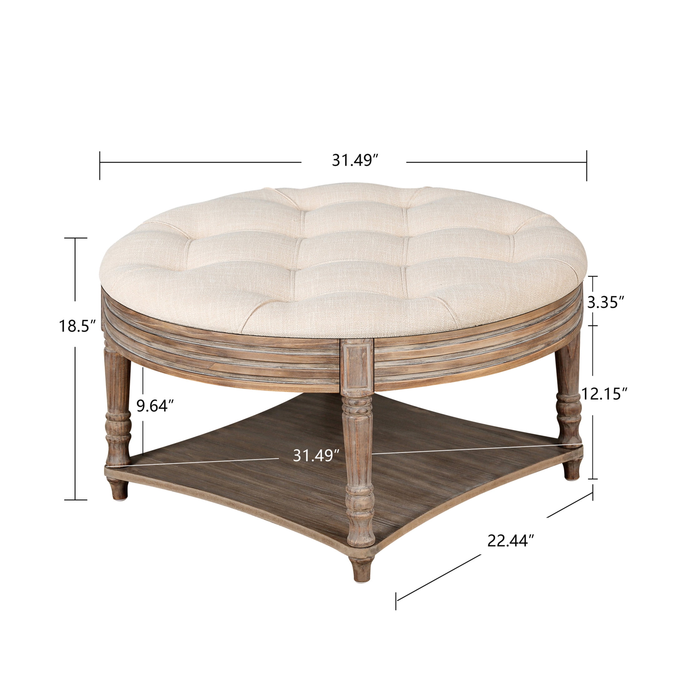 Noble House Large Round Tufted Ottoman Coffee Table with Wooden Storage Shelf, Waterproof Farmhouse Upholstered Footstool,Beige+White