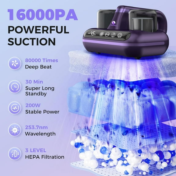 Mattress Vacuum Cleaner - 5-in-1 Cordless Bed Vacuum Cleaner, Powered by -C Light & Ultrasonic Technology, 16Kpa Strong Suction,Low Noise,Suitable for Dust, Pet Hair, Etc -