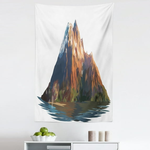Watercolor Tapestry, Detailed Digital Graphic Painting Scene of Mountain Drawing Landscape, Fabric Wall Hanging Decor for Bedroom Living Room Dorm, 5 Sizes, Peach Dark Blue Grey, by Ambesonne