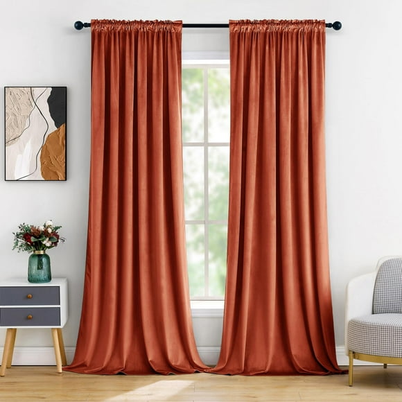 Burnt Orange Velvet Curtains Thermal Insulated Blackout Curtain Fall Drapes for Bedroom Living Room Darkening 90 Inches Long Rust Terracotta Panels Rod Pocket Set of 2