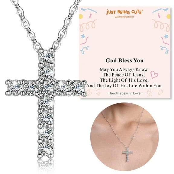 JustBeingCute Cross Necklace for Women Girls, Real 925 Sterling Silver Zirconia Pendant Necklace Birthday Baptism Christian Easter Basket Stuffers Jewelry Gifts for Her with God Bless You Card