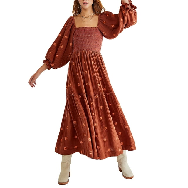 Fortune Robe Bohème pour Femme Décontractée à Manches Bouffantes, Robes Brodées à Fleurs, Robe Midi Fluide à Volants Boho