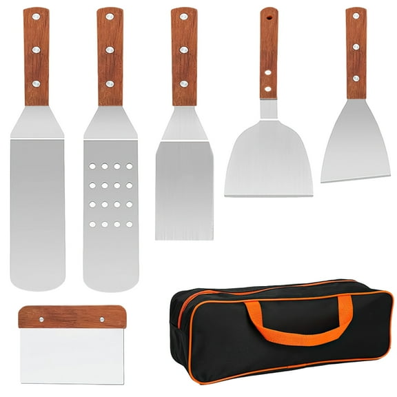 6 Pcs Stainless Steel Griddle Spatula Set, Heavy Duty BBQ Accessories with Wooden Handles, Includes Slotted Wide Beveled Turners and Scraper for Grilling and Frying