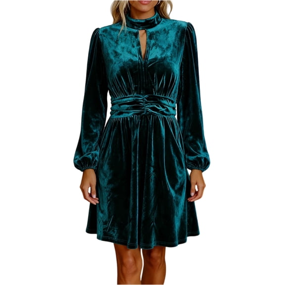 CIENVNSTG Women Velvet Y2k Dresses A Line Dress Cutout Long Lantern Sleeve Stand Collar Waist Dress Casual Elegant Dresses Army Green S