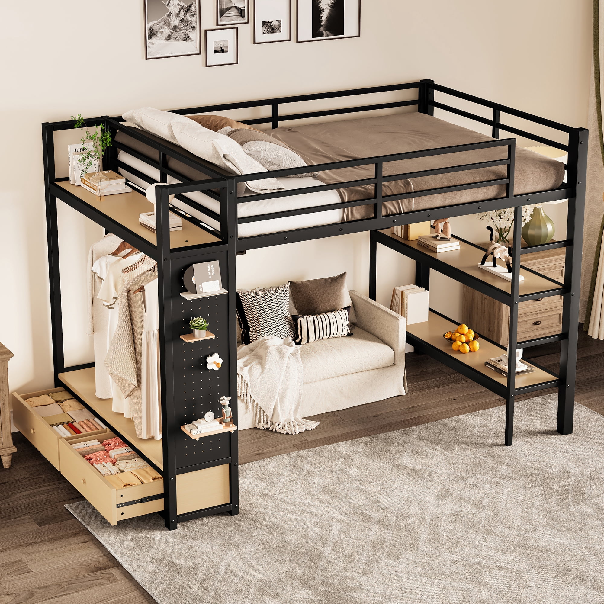 Mintazer Full Size Loft Bed with Pegboard and Wardrobe, Metal Platform Storage Bed with 2 Drawers & 4 Shelves for Bedroom Dorm, Black