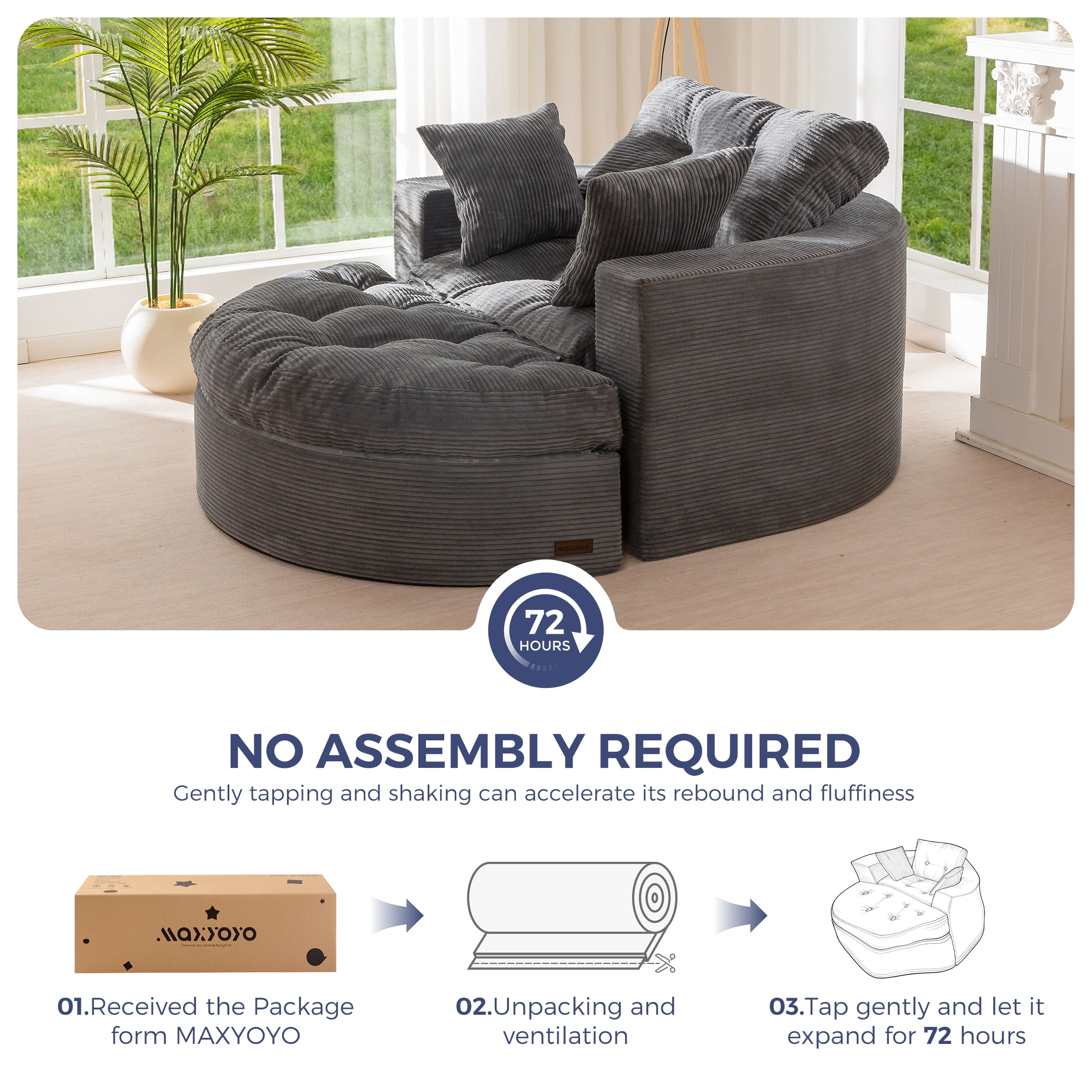 BYBYME 49''Round Chaise Lounge Chair,Corduroy Sofa Bed With Deep Seat,Upholstered Boneless Chaise Indoor,Cozy Sleeper Couch for Living Room with Ottoman,DGrey