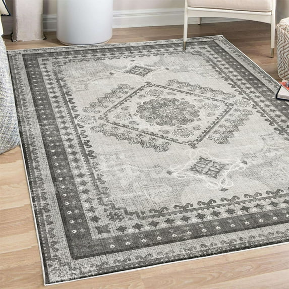 Ethnic Decorative Rug, Geometric Vintage Bohemian Design of Floral Ornaments in Dusty Tones Print, Quality Carpet for Bedroom Dorm and Living Room, 6 Sizes, Dark Grey and White, by Ambesonne
