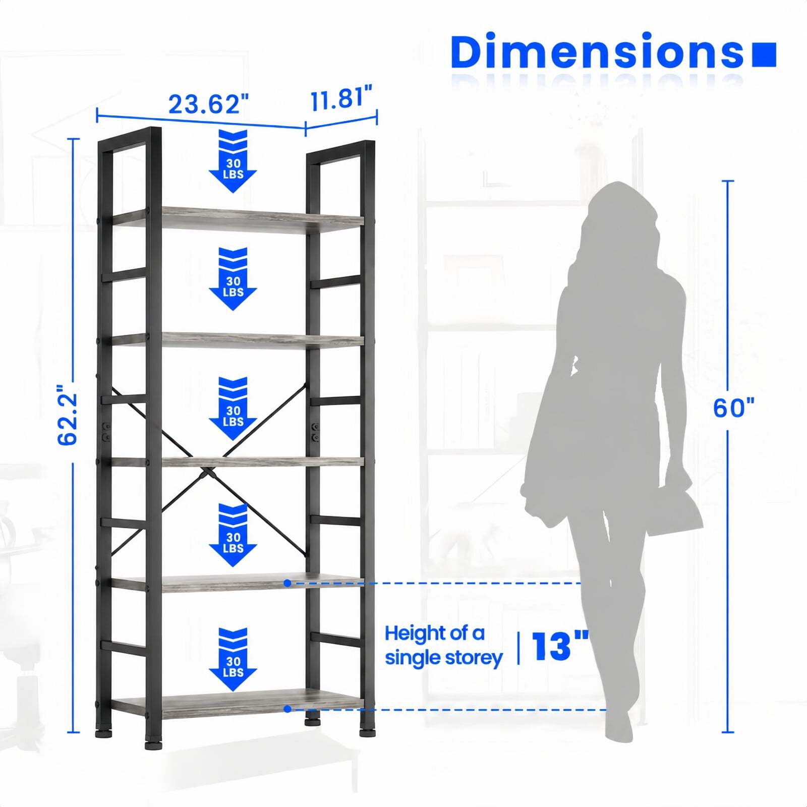 Kelno 5-Tier Bookshelf 62"x24" Industrial Storage Shelf Free Standing Bookcase Metal Frame Bookcase with Open Storage Shelves, Gray