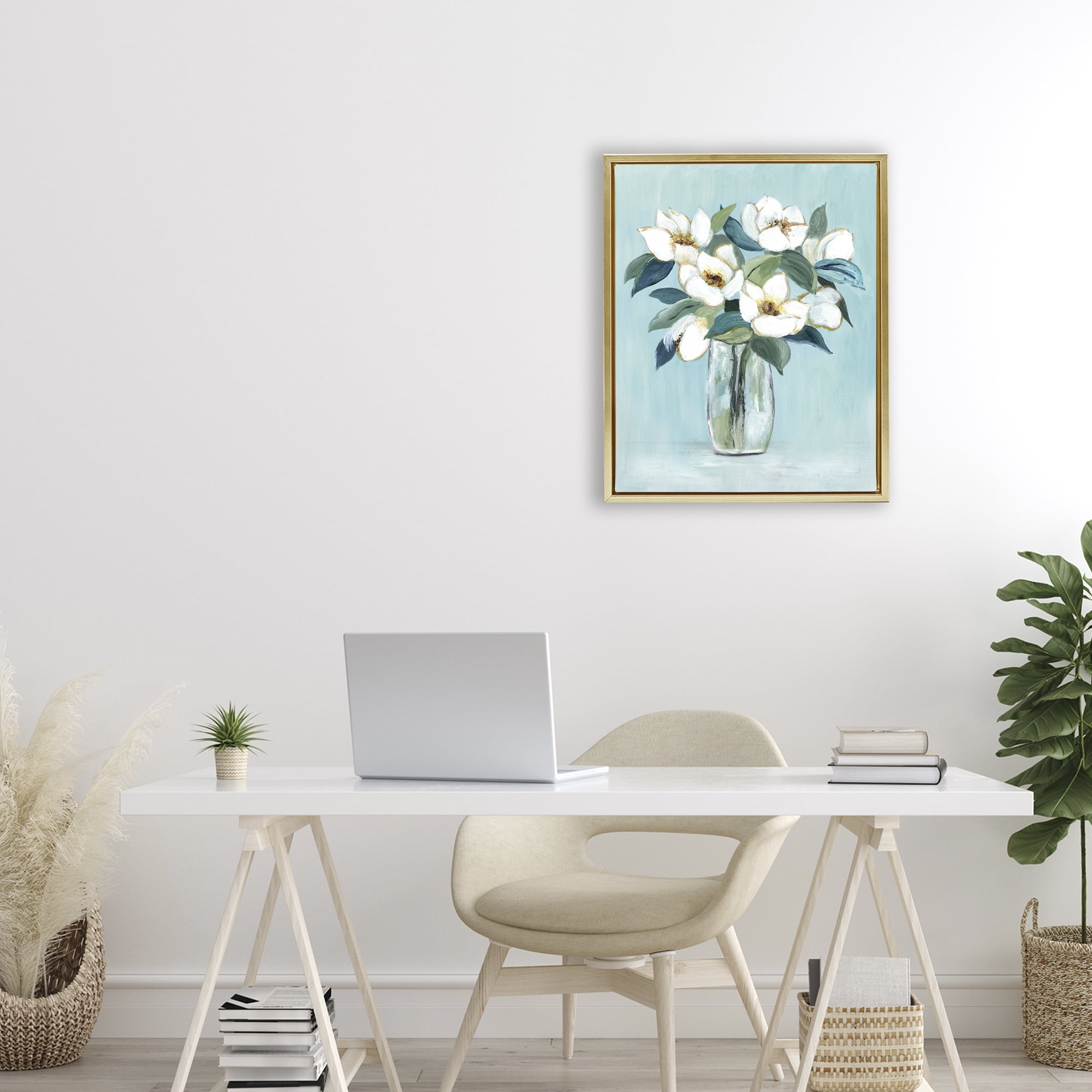 Stupell Industries Magnolia Blossoms on Blue Gold Framed Floater Canvas Wall Art, design by Janet Tava