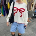 thumbnail image 1 of Tricot Imprimé Nœud Papillon Automne pour Femmes Col Rond Manches Longues Contraste Couleur Chandail Mode 2024, 1 of 6
