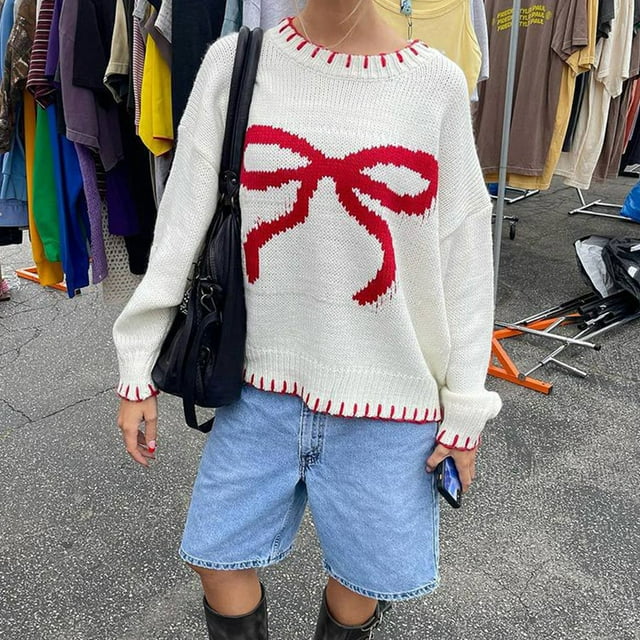 Tricot Imprimé Nœud Papillon Automne pour Femmes Col Rond Manches Longues Contraste Couleur Chandail Mode 2024