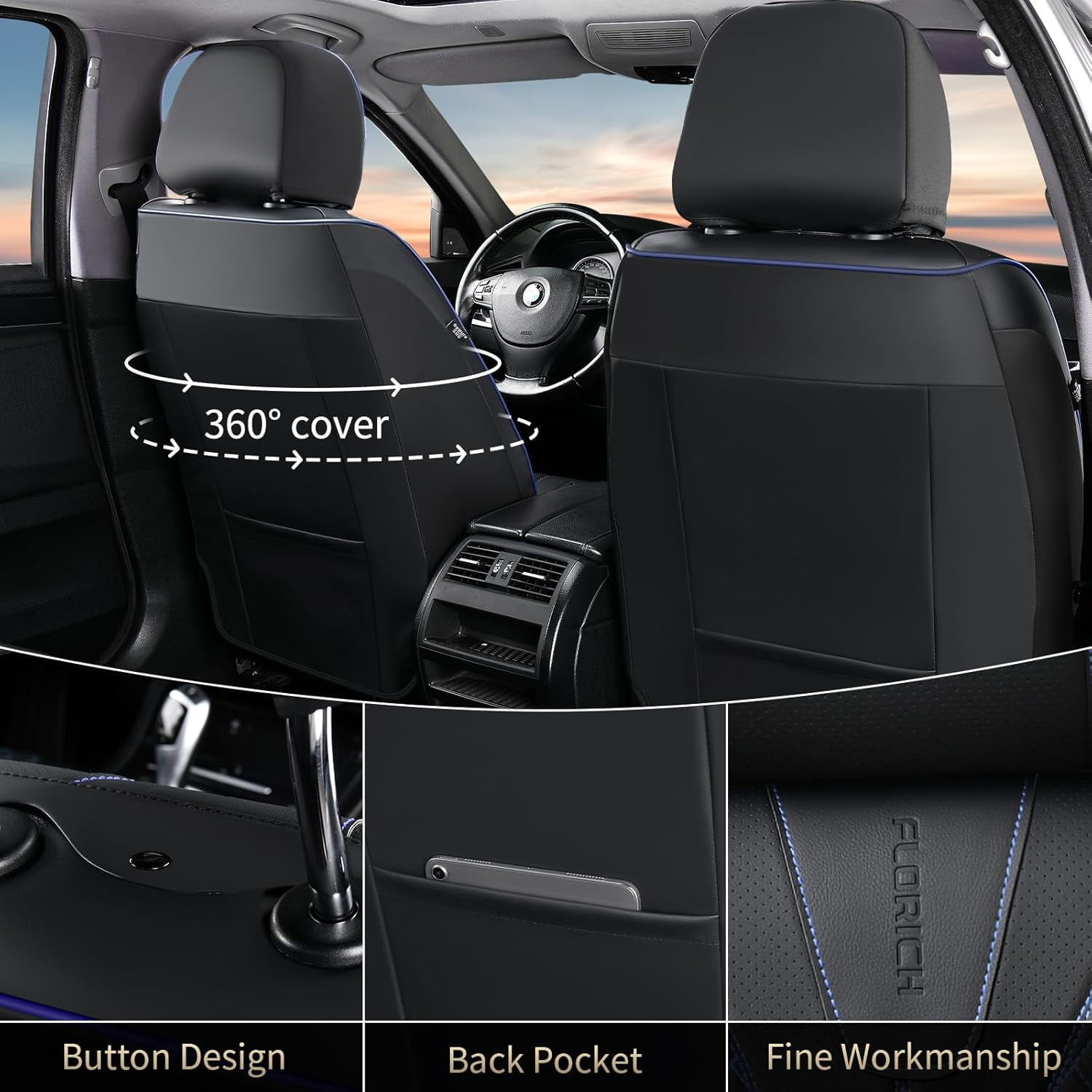 FLORICH Full Set Car Seat Covers, Premium Faux Leather Seat Protectors, Breathable Material Cushions Universal Fit for Most Cars, Black & Blue Line