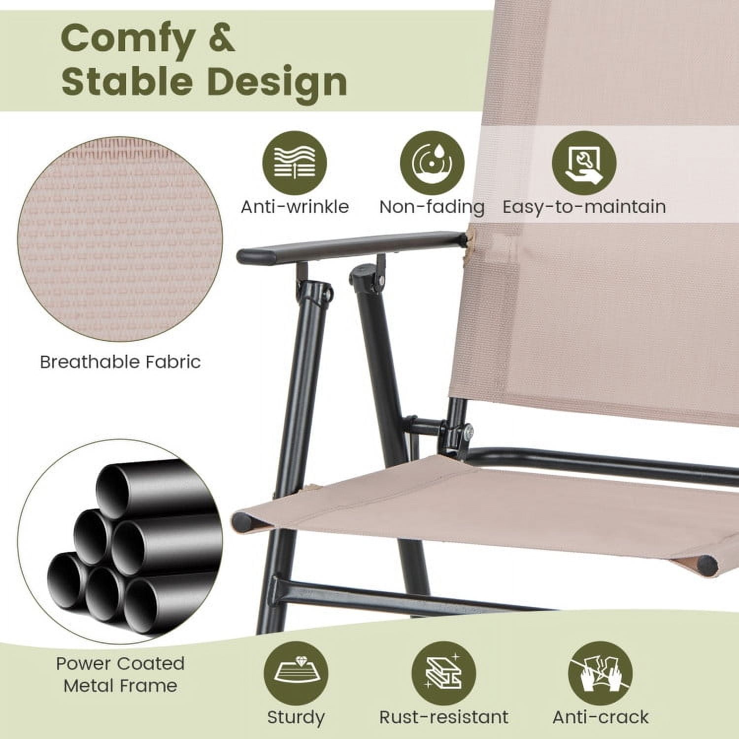 Yardi Yard Set of 2 Patio Folding Bar-Height Chairs with Armrests and Quick-Drying Seat-Beige, Outdoor Furniture Chairs for Backyard, Porch, Garden, Poolside